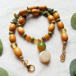 Serpentine & Wood Beaded Necklace, Hippie Festival Pendant Necklace, Nature